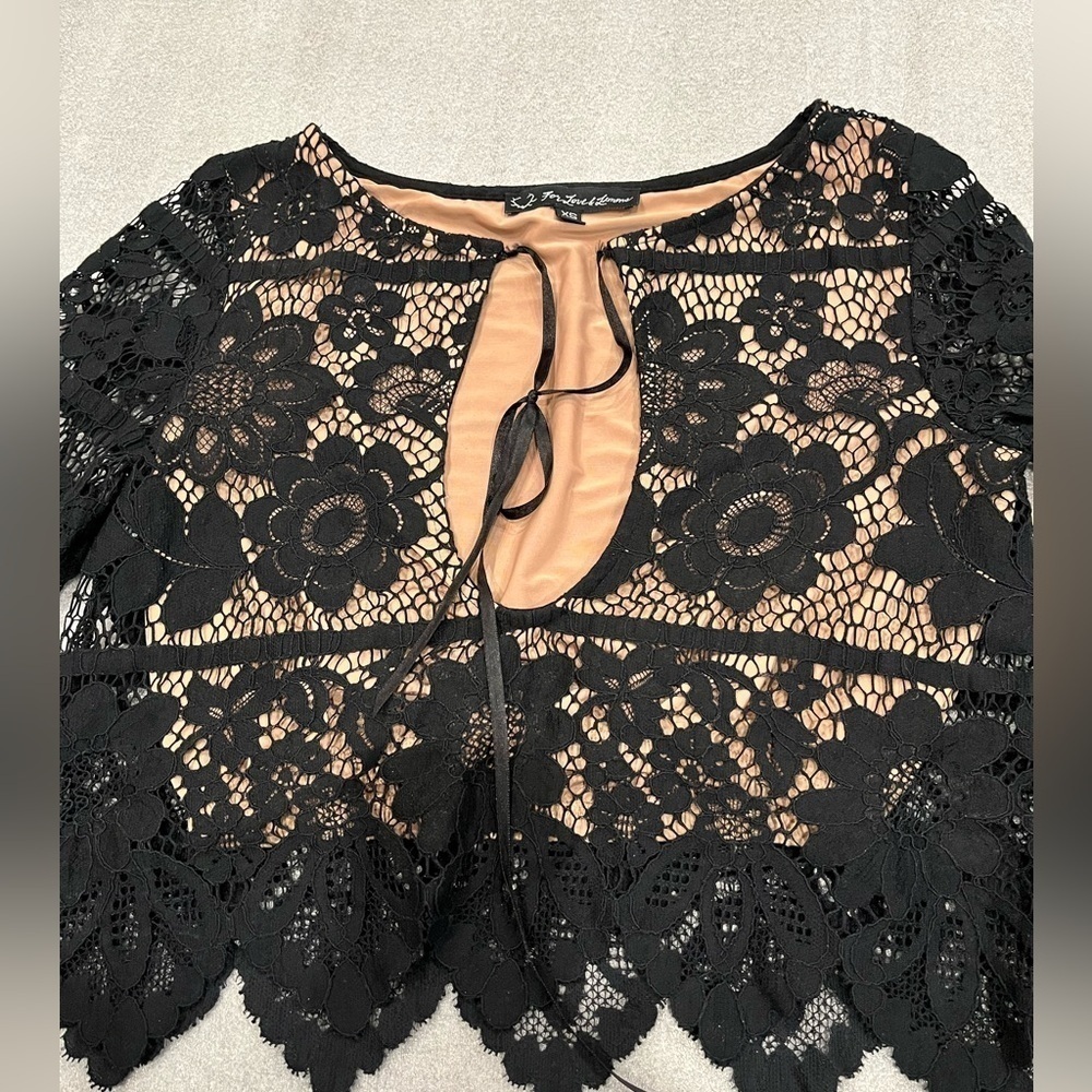 [XS] For Love & Lemons Gianna Crop Laced LS Blouse Top Black - Picture 5 of 11